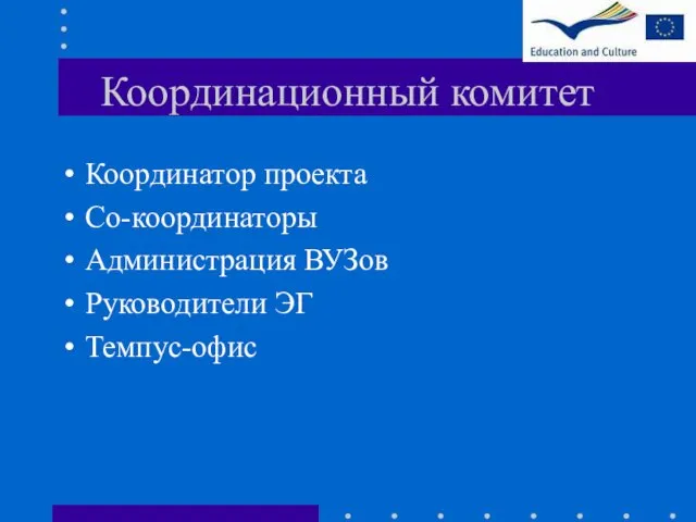 Координационный комитет Координатор проекта Со-координаторы Администрация ВУЗов Руководители ЭГ Темпус-офис