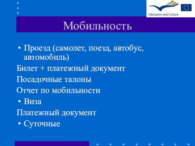 Мобильность Проезд (самолет, поезд, автобус, автомобиль) Билет + платежный документ Посадочные талоны