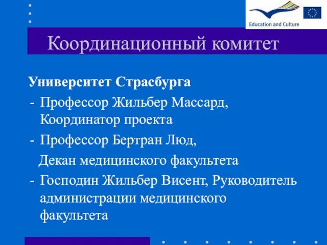 Координационный комитет Университет Страсбурга Профессор Жильбер Массард, Координатор проекта Профессор Бертран Люд,