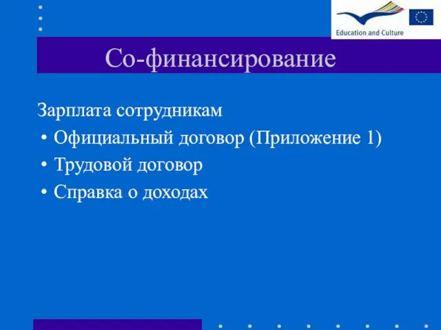 Со-финансирование Зарплата сотрудникам Официальный договор (Приложение 1) Трудовой договор Справка о доходах