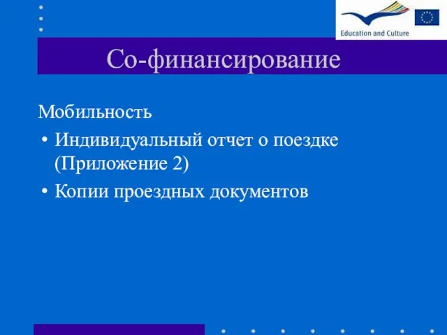 Со-финансирование Мобильность Индивидуальный отчет о поездке (Приложение 2) Копии проездных документов