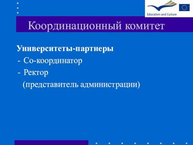 Координационный комитет Университеты-партнеры Со-координатор Ректор (представитель администрации)