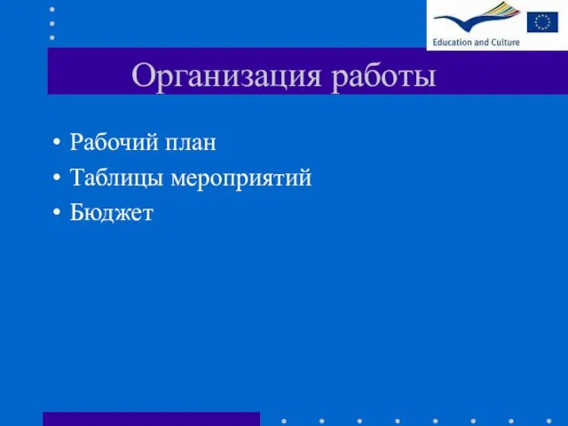 Организация работы Рабочий план Таблицы мероприятий Бюджет