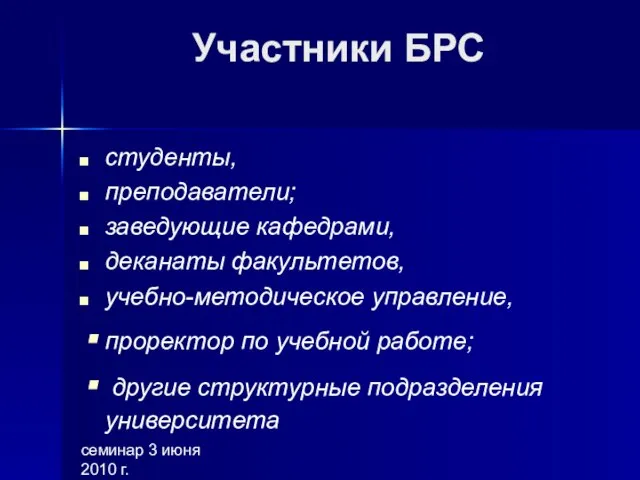 семинар 3 июня 2010 г. Участники БРС студенты, преподаватели; заведующие кафедрами, деканаты