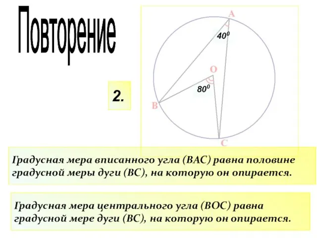 2. Градусная мера вписанного угла (ВАС) равна половине градусной меры дуги (ВС),