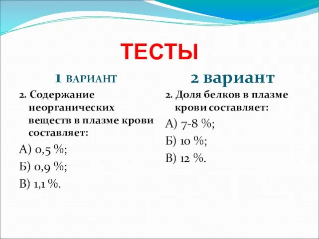 ТЕСТЫ 1 ВАРИАНТ 2 вариант 2. Содержание неорганических веществ в плазме крови