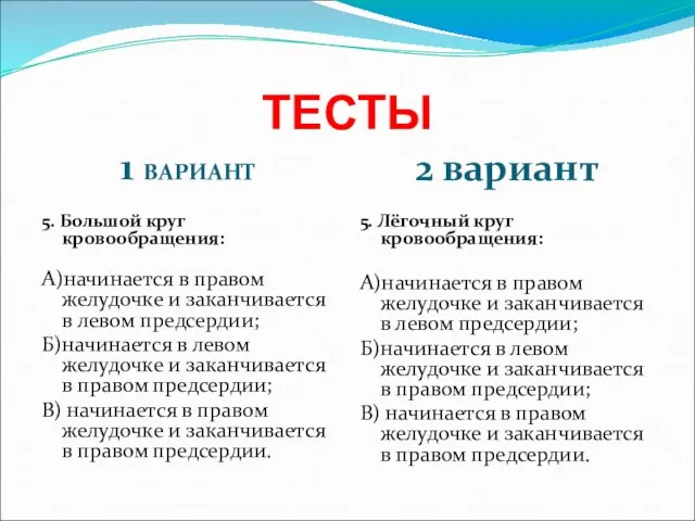 ТЕСТЫ 1 ВАРИАНТ 2 вариант 5. Большой круг кровообращения: А)начинается в правом