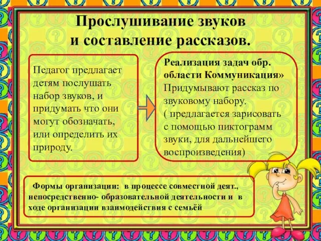 Прослушивание звуков и составление рассказов. Педагог предлагает детям послушать набор звуков, и