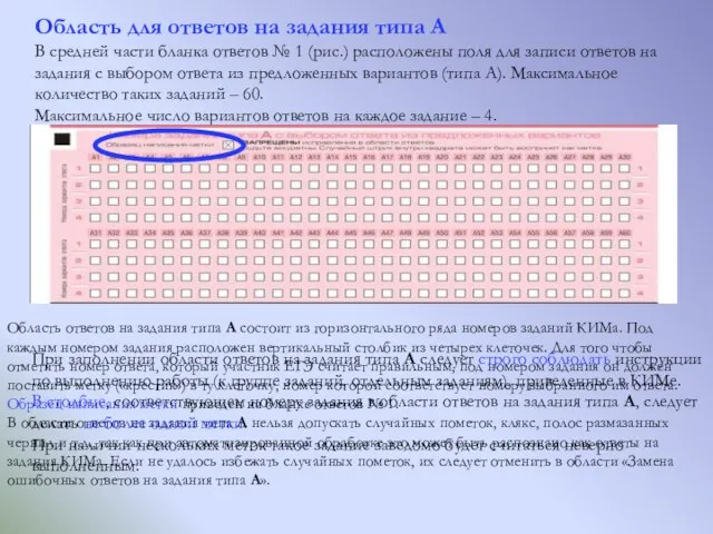 Область для ответов на задания типа А В средней части бланка ответов