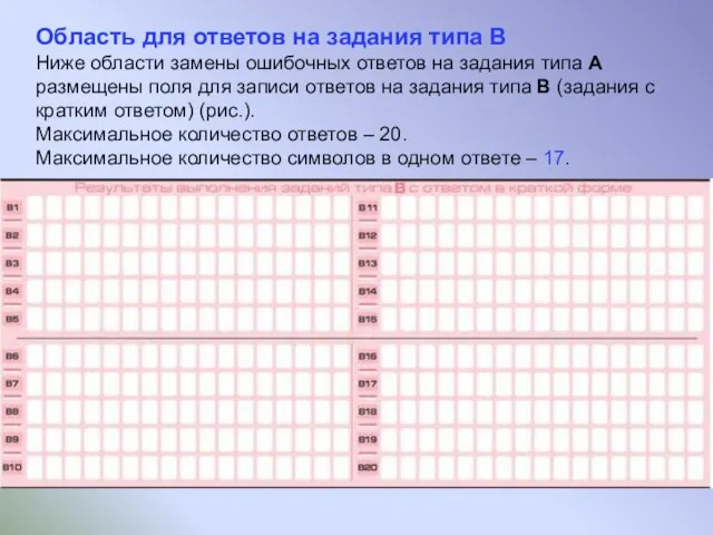 Область для ответов на задания типа В Ниже области замены ошибочных ответов