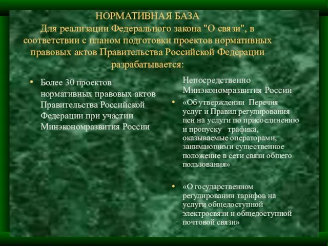 НОРМАТИВНАЯ БАЗА Для реализации Федерального закона "О связи", в соответствии с планом