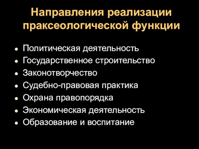 Направления реализации праксеологической функции Политическая деятельность Государственное строительство Законотворчество Судебно-правовая практика Охрана