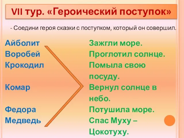 - Соедини героя сказки с поступком, который он совершил. VII тур. «Героический поступок»