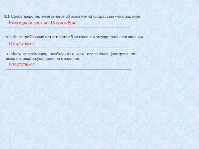 8.2. Сроки представления отчетов об исполнении государственного задания _________________________________________________________________ 8.3. Иные требования