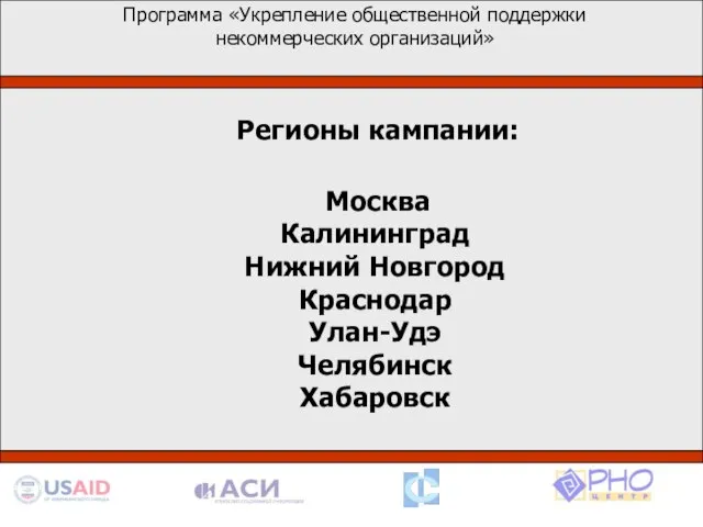 1. Программа «Укрепление общественной поддержки некоммерческих организаций» Регионы кампании: Москва Калининград Нижний