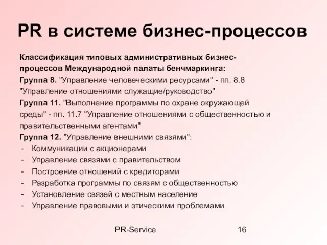 PR-Service PR в системе бизнес-процессов Классификация типовых административных бизнес- процессов Международной палаты