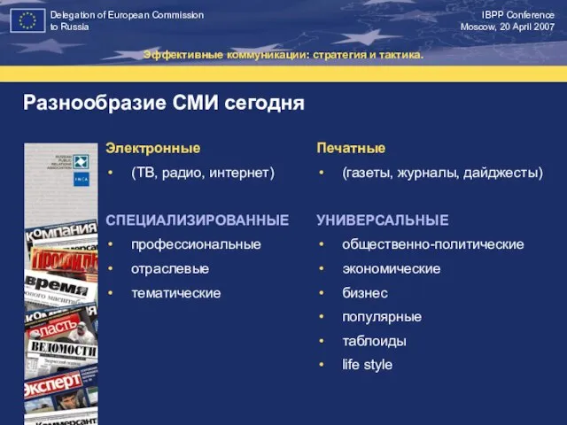 Разнообразие СМИ сегодня Эффективные коммуникации: стратегия и тактика. Электронные (ТВ, радио, интернет)