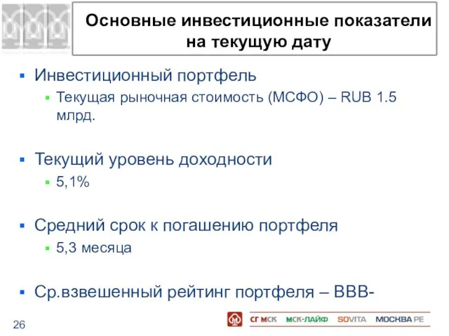 Основные инвестиционные показатели на текущую дату Инвестиционный портфель Текущая рыночная стоимость (МСФО)