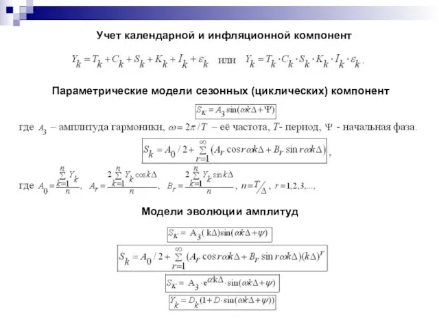 Учет календарной и инфляционной компонент Параметрические модели сезонных (циклических) компонент Модели эволюции амплитуд