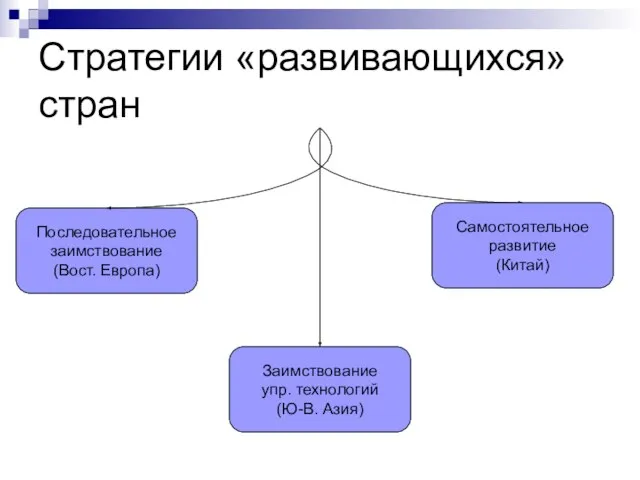 Стратегии «развивающихся» стран Последовательное заимствование (Вост. Европа) Заимствование упр. технологий (Ю-В. Азия) Самостоятельное развитие (Китай)