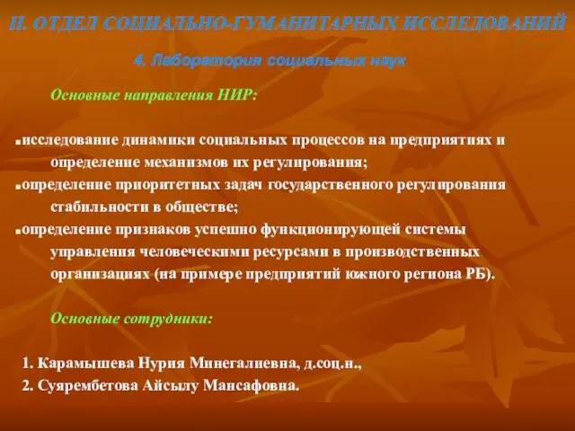 II. ОТДЕЛ СОЦИАЛЬНО-ГУМАНИТАРНЫХ ИССЛЕДОВАНИЙ Основные направления НИР: исследование динамики социальных процессов на