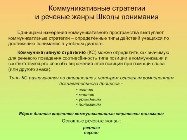 Единицами измерения коммуникативного пространства выступают коммуникативные стратегии – определённые типы действий учащихся