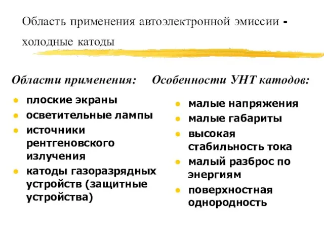 Область применения автоэлектронной эмиссии - холодные катоды плоские экраны осветительные лампы источники