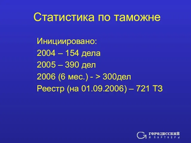 Статистика по таможне Инициировано: 2004 – 154 дела 2005 – 390 дел