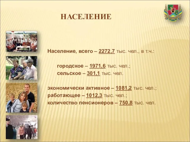 НАСЕЛЕНИЕ Население, всего – 2272,7 тыс. чел., в т.ч.: городское – 1971,6