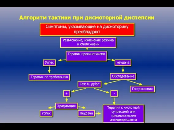 Алгоритм тактики при дисмоторной диспепсии Симптомы, указывающие на дисмоторику преобладают Разъяснение, изменение