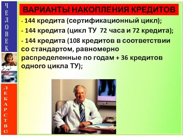 ВАРИАНТЫ НАКОПЛЕНИЯ КРЕДИТОВ - 144 кредита (сертификационный цикл); - 144 кредита (цикл