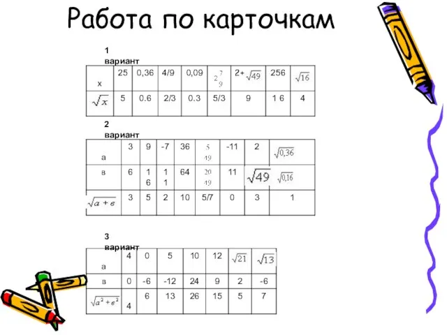 Работа по карточкам 1 вариант 2 вариант 3 вариант