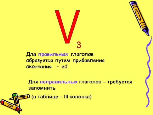 V 3 Для неправильных глаголов – требуется запомнить (в таблице – III