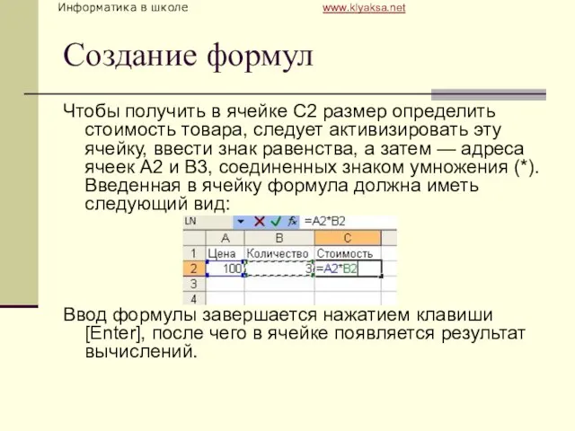 Создание формул Чтобы получить в ячейке С2 размер определить стоимость товара, следует