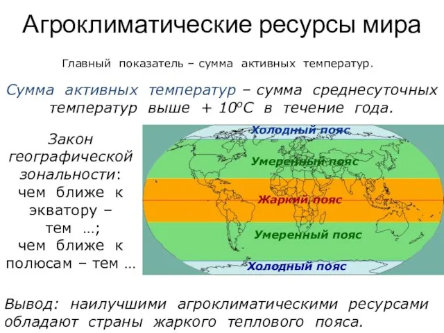 Агроклиматические ресурсы мира Главный показатель – сумма активных температур. Сумма активных температур