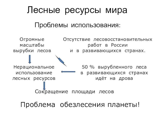 Лесные ресурсы мира Проблемы использования: Сокращение площади лесов Нерациональное использование лесных ресурсов