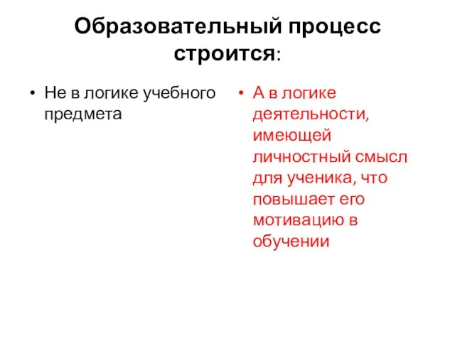 Образовательный процесс строится: Не в логике учебного предмета А в логике деятельности,