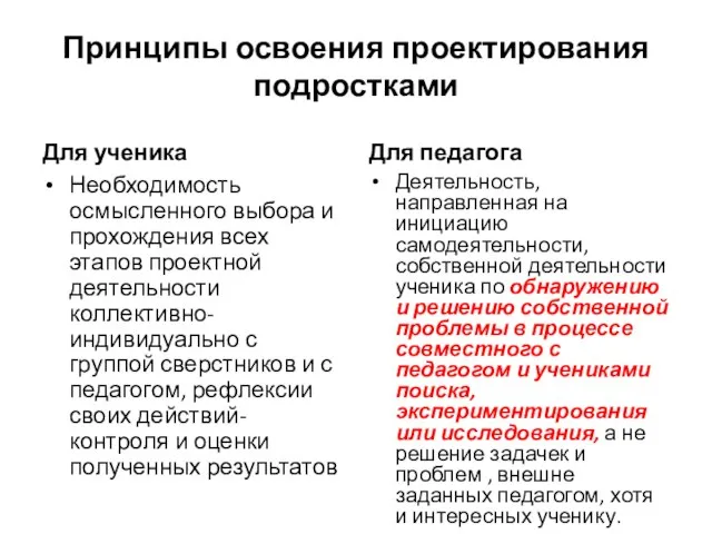 Принципы освоения проектирования подростками Для ученика Необходимость осмысленного выбора и прохождения всех