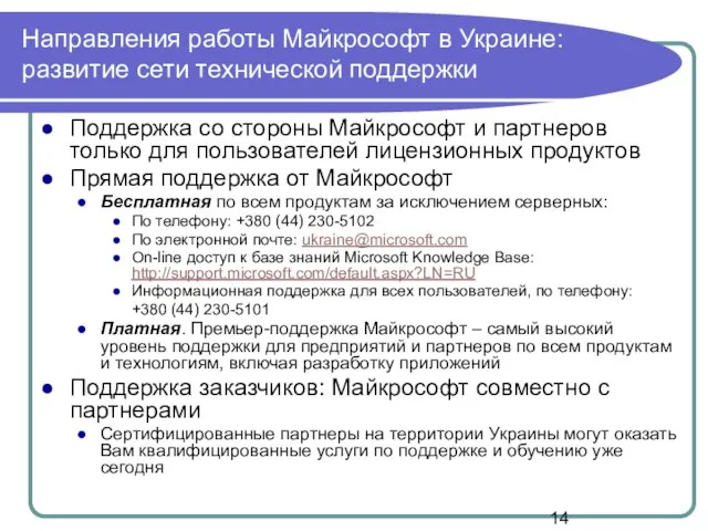Направления работы Майкрософт в Украине: развитие сети технической поддержки Поддержка со стороны