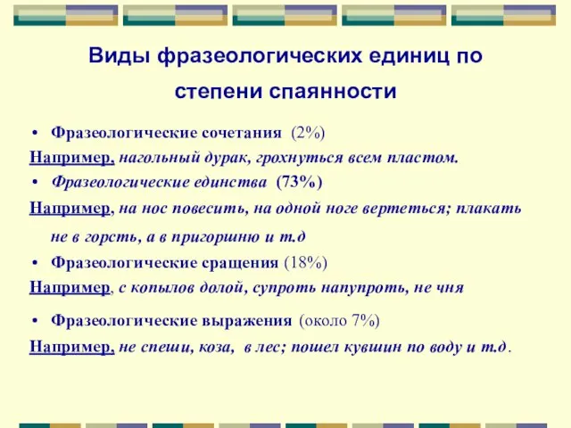 Виды фразеологических единиц по степени спаянности Фразеологические сочетания (2%) Например, нагольный дурак,