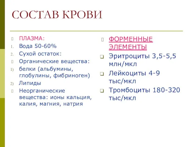 СОСТАВ КРОВИ ПЛАЗМА: Вода 50-60% Сухой остаток: Органические вещества: белки (альбумины, глобулины,