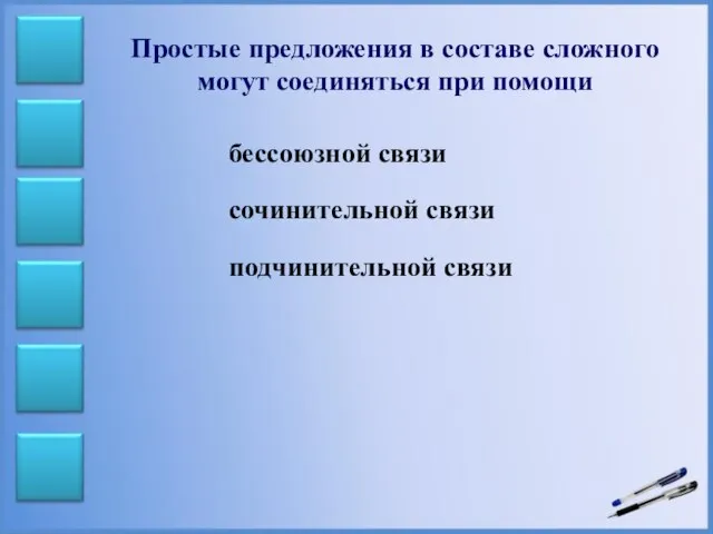 Простые предложения в составе сложного могут соединяться при помощи бессоюзной связи сочинительной связи подчинительной связи