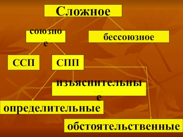 Сложное определительные ССП обстоятельственные … союзное … бессоюзное СПП … изъяснительные