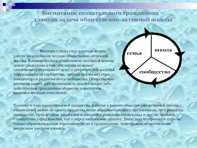 Начиная с 2004 года в школе велась работа по апробации модели общественно-активной