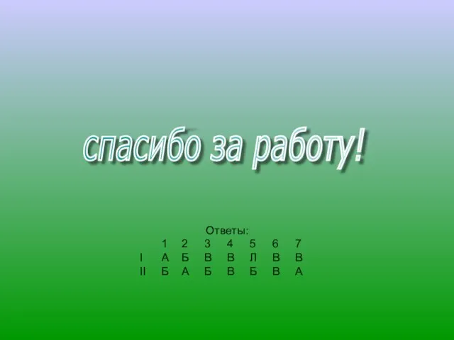 спасибо за работу! Ответы: 1 2 3 4 5 6 7 I