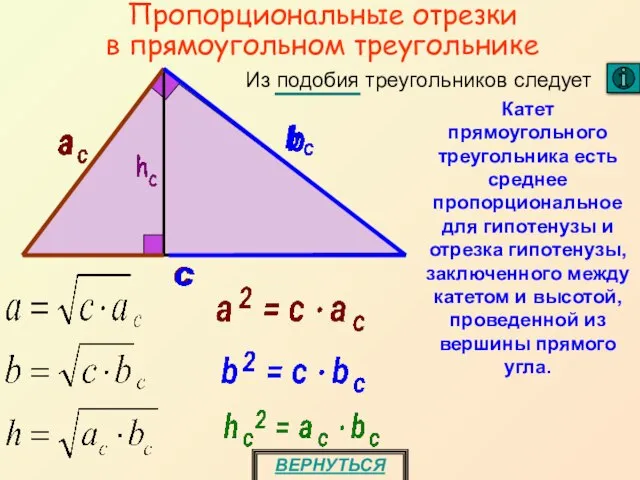 Пропорциональные отрезки в прямоугольном треугольнике ВЕРНУТЬСЯ Катет прямоугольного треугольника есть среднее пропорциональное