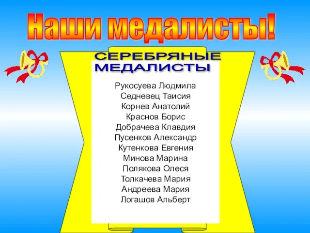 Наши медалисты! Рукосуева Людмила Седневец Таисия Корнев Анатолий Краснов Борис Добрачева Клавдия