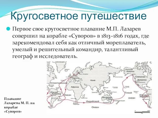 Кругосветное путешествие Первое свое кругосветное плавание М.П. Лазарев совершил на корабле «Суворов»