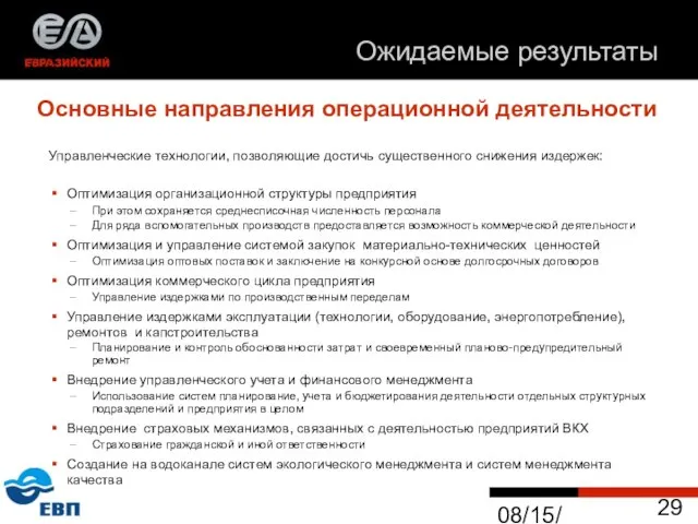 08/15/2023 Основные направления операционной деятельности Управленческие технологии, позволяющие достичь существенного снижения издержек: