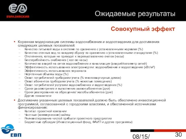 08/15/2023 Совокупный эффект Коренная модернизация системы водоснабжения и водоотведения для достижения следующих